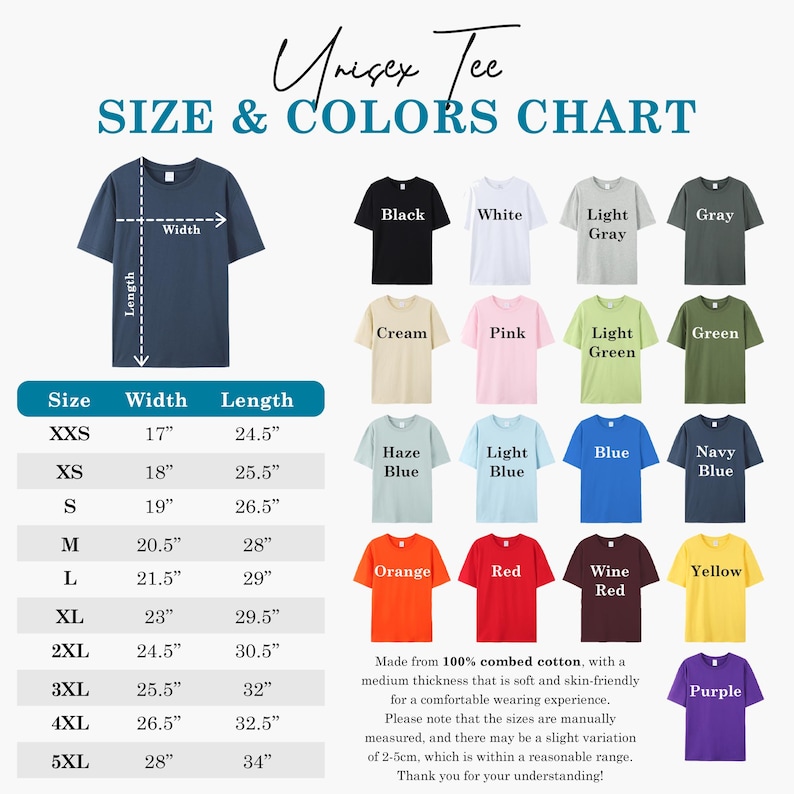 Puede incluir: Una tabla de tallas y colores para camisetas unisex. La tabla muestra varios colores de camisetas, incluyendo negro, blanco y gris. Las medidas se proporcionan en pulgadas para las tallas XXS a 5XL. Las camisetas est&aacute;n hechas de 100% algod&oacute;n peinado.