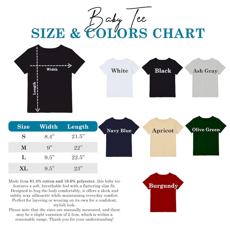 Pode incluir: Uma tabela de tamanhos e cores de camisetas para beb&ecirc;s. A tabela mostra uma camiseta preta com medidas e exemplos em branco, preto, cinza cinza, azul marinho, damasco, verde oliva e bord&ocirc;. As medidas est&atilde;o em polegadas.