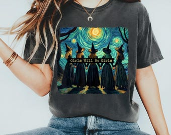 Chemise Girls Will Be Girls, chemise d'Halloween de sorcière vintage, chemise gothique lune sorcière, chemise d'autonomisation des femmes, chemise féministe, cadeaux pour elle