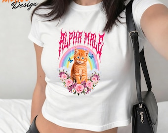 Alpha Male lustiges Kätzchen Baby T-Shirt, lustiges Regenbogen Katzen Grafik Crop Tops, lustiges Katzen Meme Shirt, Gen Z Humor, ironische Katze Mem, Kätzchen Meme Shirt