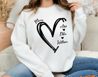 Chemise personnalisée coeur maman avec noms d'enfants, chemise personnalisée de famille de maman, chemise de maternité, chemise de grand-mère, cadeau unique de fête des mères