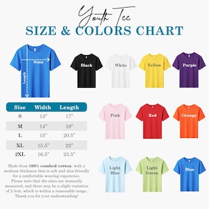 Puede incluir: Una tabla de tallas y colores para camisetas juveniles. La tabla muestra camisetas en negro, blanco, amarillo, morado, rosa, rojo, naranja, azul claro, verde claro y azul. Las tallas van de la S a la 2XL, con medidas en cm.