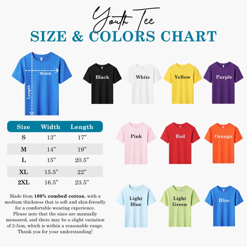 Puede incluir: Una tabla de tallas y colores para camisetas juveniles. La tabla muestra camisetas en negro, blanco, amarillo, morado, rosa, rojo, naranja, azul claro, verde claro y azul. Las tallas van de la S a la 2XL, con medidas en cm.