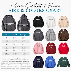 Puede incluir: Una tabla de tallas y colores para sudaderas y sudaderas con capucha unisex. La tabla muestra varios colores, incluyendo negro, blanco y rojo, con medidas en pulgadas. El texto tambi&eacute;n menciona la mezcla de tejidos y los detalles de tallas.