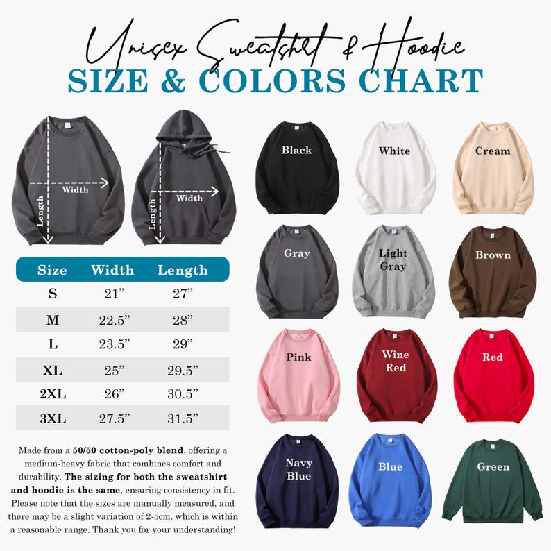 Puede incluir: Una tabla de tallas y colores para sudaderas y sudaderas con capucha unisex. La tabla muestra varios colores, incluyendo negro, blanco y rojo, con medidas en pulgadas. El texto tambi&eacute;n menciona la mezcla de tejidos y los detalles de tallas.