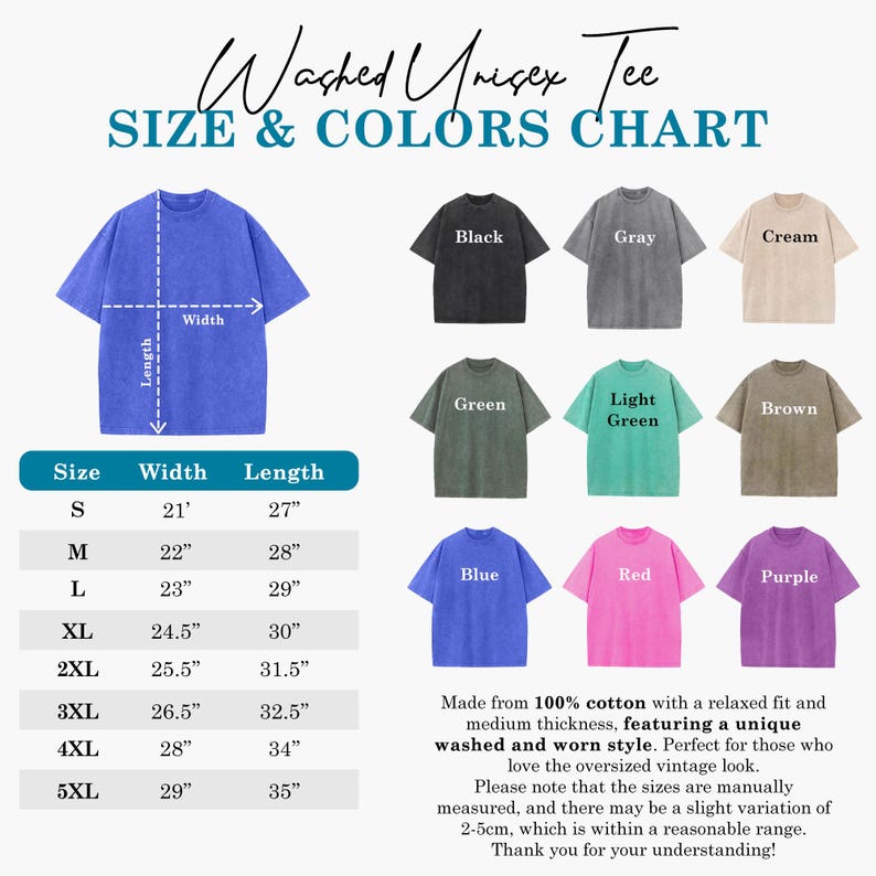 Puede incluir: Tabla de tallas y colores para camisetas unisex lavadas. La tabla muestra varios colores, incluyendo negro, gris, crema, verde, verde claro, marr&oacute;n, azul, rojo y morado. Las medidas son en cm, las tallas van de la S a la 5XL.