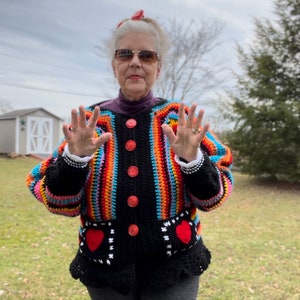 Crochet Heart Cardigan Sweater, 70's Hippie Sweater, Bulky cardigan, Black oversized sweater image 7