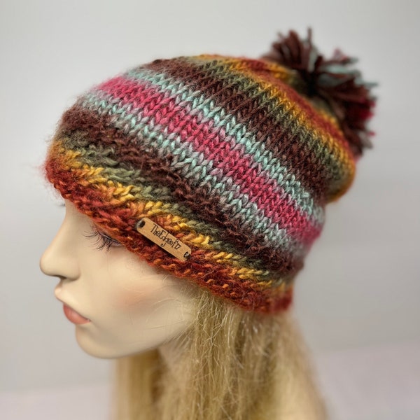 Pom Pom Hat, Earth tones Knit Pom Pom Hat, Knit beanie hat, Woman's Knit hat, Multi color Pom Pom hat,  Ready to SHIP
