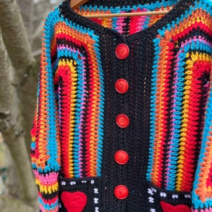 Crochet Heart Cardigan Sweater, 70's Hippie Sweater, Bulky cardigan, Black oversized sweater image 9