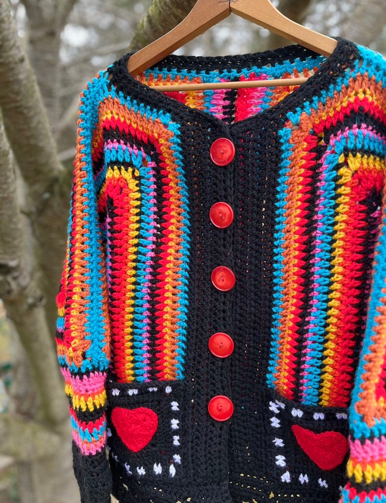 Crochet Heart Cardigan Sweater, 70's Hippie Sweater, Bulky cardigan, Black oversized sweater image 9