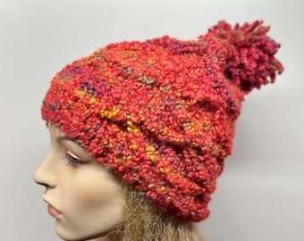 Winter chunky hat, Pom Pom Hat, Slouchy Hat, Knit Hat, Winter Accessories, Rust Knit Hat, Pom Pom Hat