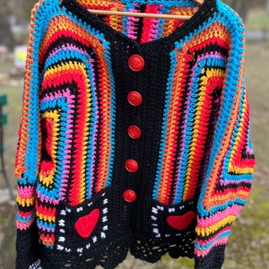 Crochet Heart Cardigan Sweater, 70's Hippie Sweater, Bulky cardigan, Black oversized sweater image 5