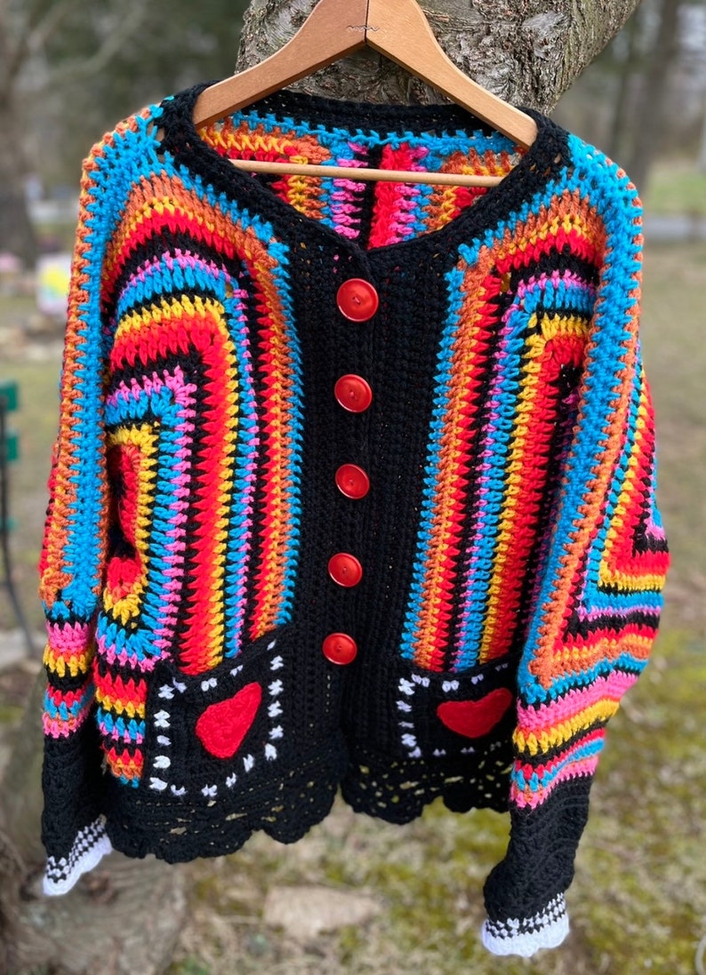Crochet Heart Cardigan Sweater, 70's Hippie Sweater, Bulky cardigan, Black oversized sweater image 5