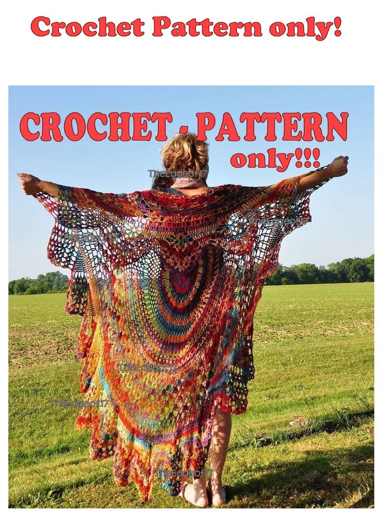 May include: A crochet pattern for a colorful, multi-colored, long, open-weave crochet top. The top is made with a variety of colors, including red, orange, yellow, green, blue, and purple. The top is shown being worn by a person in a field. The text "CROCHET PATTERN only!!" is written in red letters on the image.