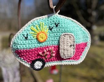 Camping decor, Pink Camping potholder, RV Airstream potholder, Aqua camper hotpad, Vintage Camping Pot Holder, Ready to Ship