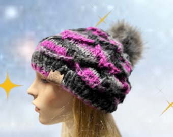 Purple Knit Hat, Pom Pom Hat, Knit Hat, Chunky Hat, Winter Hat, Ladies Purple and Grey Pom Pom hat