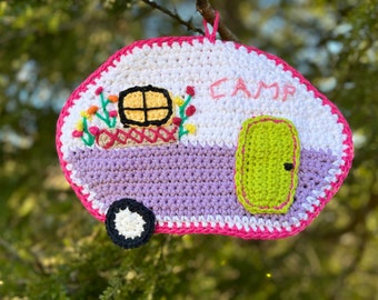 Camping decor, Purple Camping potholder, RV Airstream potholder, purple camper hotpad, Vintage Camping Pot Holder, Ready to Ship