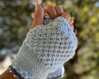 Light Blue Fingerless gloves with beaded trim, Fingerless mitten