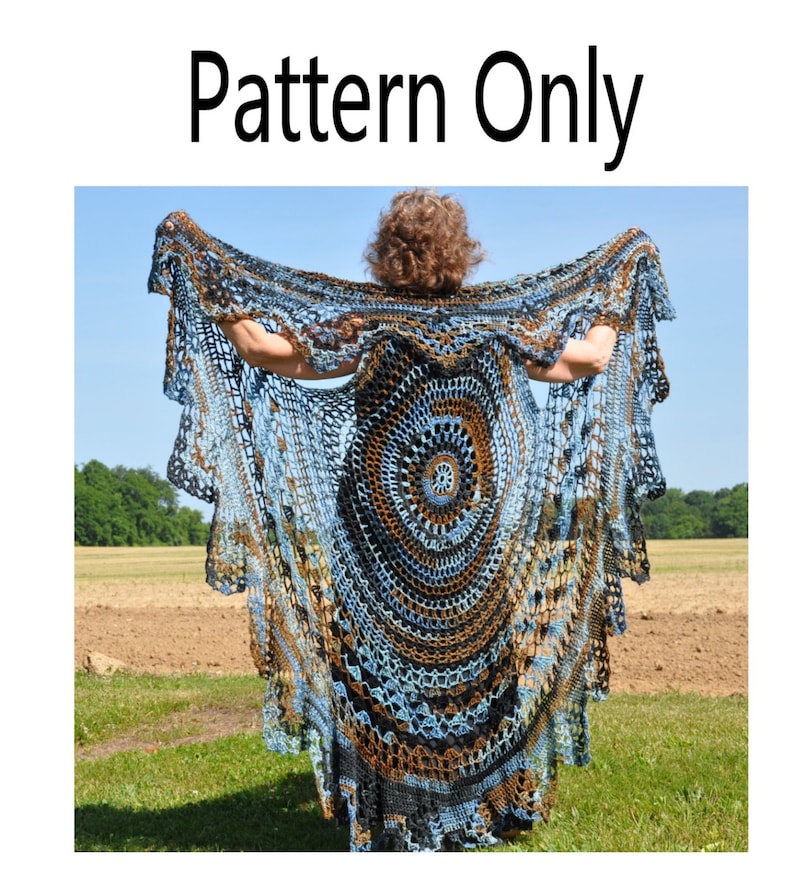 May include: A crochet pattern for a large, circular shawl with a mandala design in shades of brown, blue, and black. The pattern is called "Pattern Only".