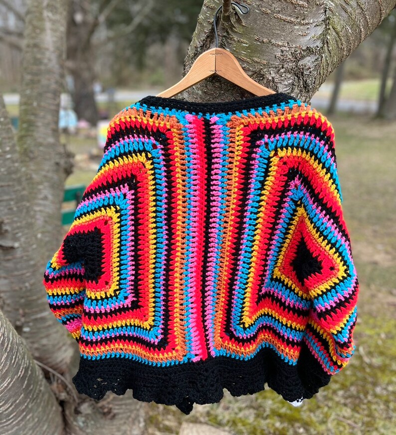 Crochet Heart Cardigan Sweater, 70's Hippie Sweater, Bulky cardigan, Black oversized sweater image 4