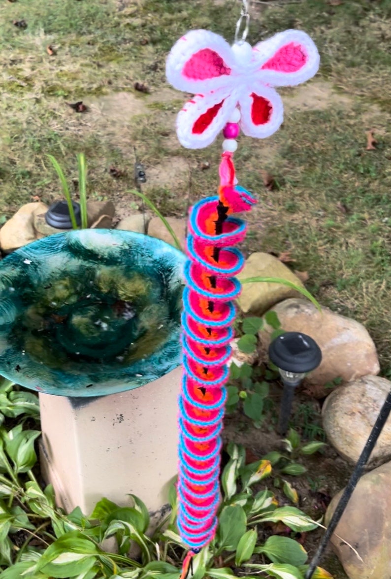 Crocheted Wind spinner, Garden wind chime spinner, Crochet wind spinner for the garden, Butterfly Wind spinner for patio and outdoors image 2