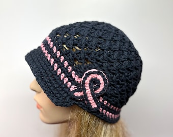 Melanoma Cancer Awareness Hat, Skin Cancer hat Survivor hats, Pink Ribbon Cancer hat, Crochet Cancer hat