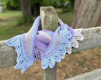 Knitted Cotton Scarf, Knit Shawl, Knit lace style shawl, Multi color shawl, Lavender and Grey Shawl, Ready to Ship!