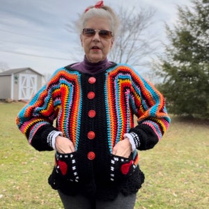 Crochet Heart Cardigan Sweater, 70's Hippie Sweater, Bulky cardigan, Black oversized sweater image 2