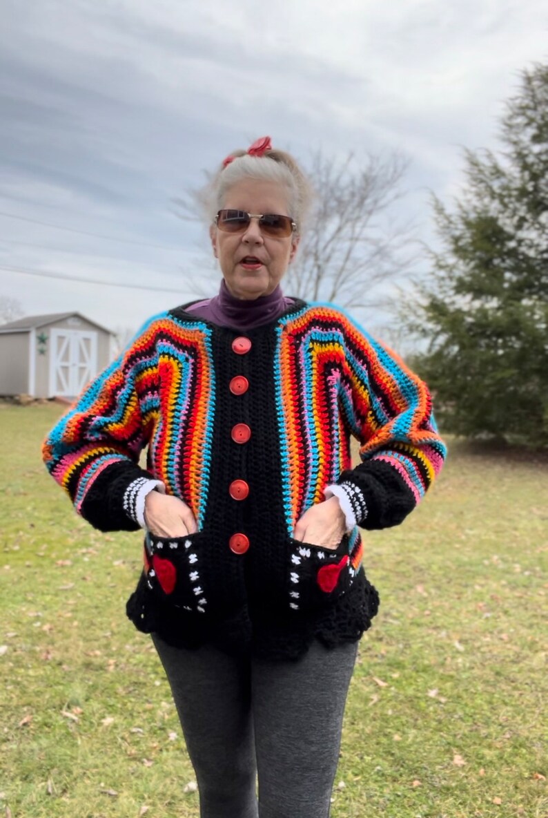 Crochet Heart Cardigan Sweater, 70's Hippie Sweater, Bulky cardigan, Black oversized sweater image 2