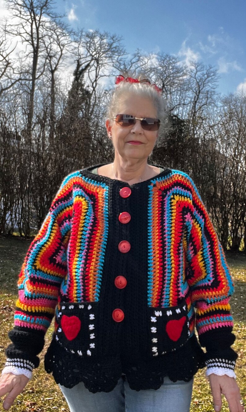 Crochet Heart Cardigan Sweater, 70's Hippie Sweater, Bulky cardigan, Black oversized sweater image 3