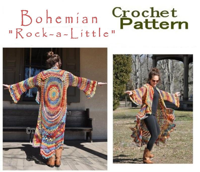 May include: A vibrant crochet pattern for a long, open-weave garment with bell sleeves. The garment has a circular design on the back and is shown in two images. The text "Bohemian Rock-a-Little" and "Crochet Pattern" are visible.