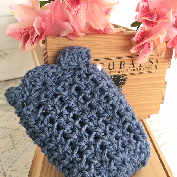 Denim Blue Soap Saver, Handmade Soap bag, Crochet Soap Bag, Loofah washcloth