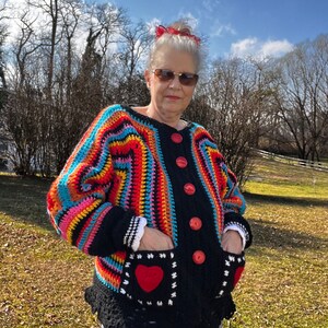 Crochet Heart Cardigan Sweater, 70's Hippie Sweater, Bulky cardigan, Black oversized sweater image 8