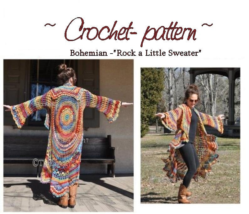 May include: A vibrant, open-front crochet sweater with bell sleeves and a long, flowing design. The sweater features a circular pattern on the back and is made with various colours. Text on the image reads "Crochet-pattern Bohemian - Rock a Little Sweater."