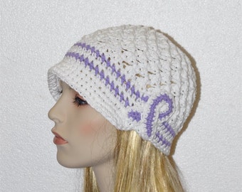 Cancer Awareness Crochet Hat - White Chemo Cap, Pancreatic Cancer Awareness Hat - Ready to SHIP