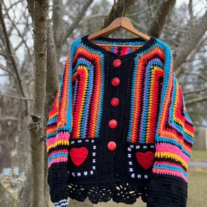Crochet Heart Cardigan Sweater, 70's Hippie Sweater, Bulky cardigan, Black oversized sweater image 1