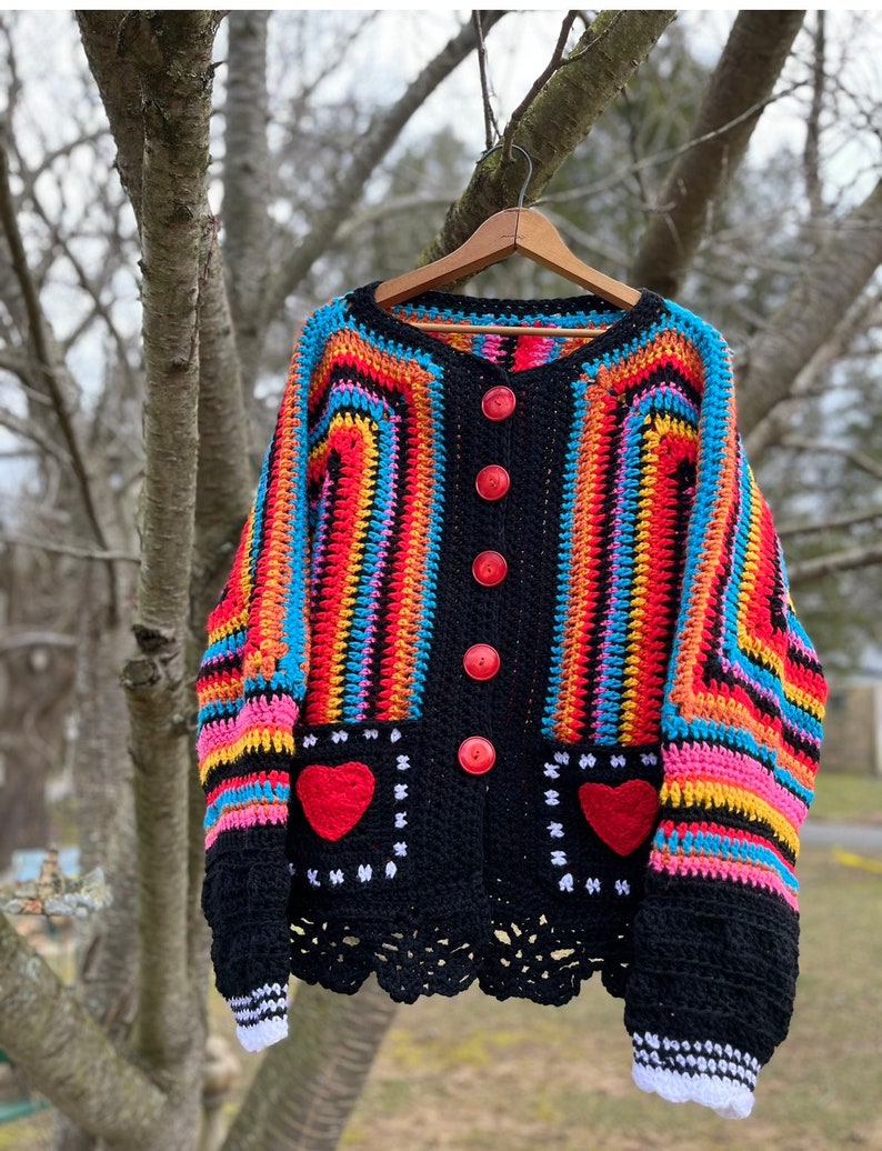 Crochet Heart Cardigan Sweater, 70's Hippie Sweater, Bulky cardigan, Black oversized sweater image 1