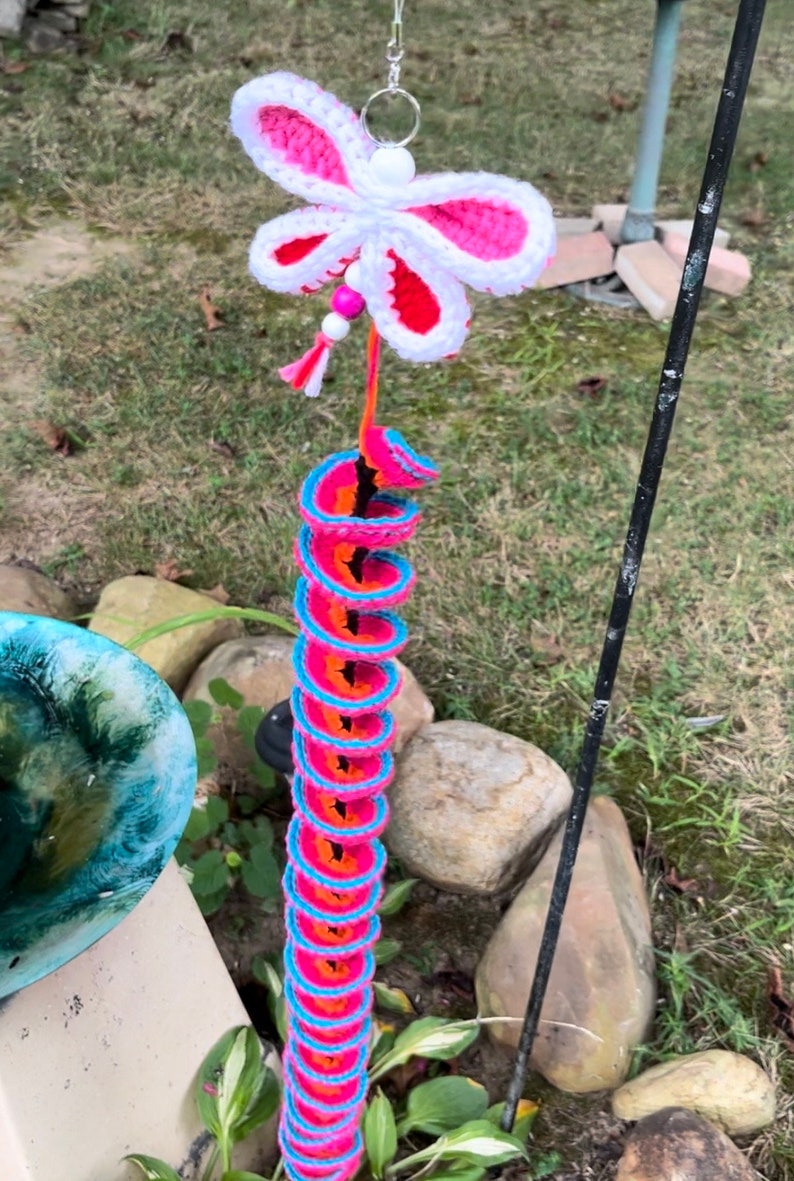 Crocheted Wind spinner, Garden wind chime spinner, Crochet wind spinner for the garden, Butterfly Wind spinner for patio and outdoors image 1