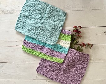 Crocheted washcloth set, Blue Knit Dishcloth set,  Knitted Bathroom Washcloth set, Blue knit dishcloth