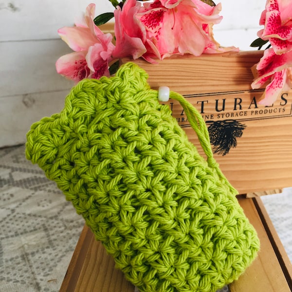 Crochet Soap Saver, Handmade Soap bag, Eco Friendly Crochet Soap Saver, Lime Green bathroom soap saver, Organic cotton soap pouch