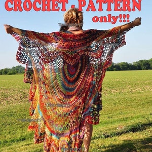 May include: A colorful crochet pattern for a long, open-front cardigan. The pattern is made with a variety of colors, including red, orange, yellow, green, blue, and purple. The pattern is available for download only.