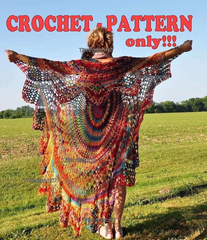 May include: A colorful crochet pattern for a long, open-front cardigan. The pattern is made with a variety of colors, including red, orange, yellow, green, blue, and purple. The pattern is available for download only.
