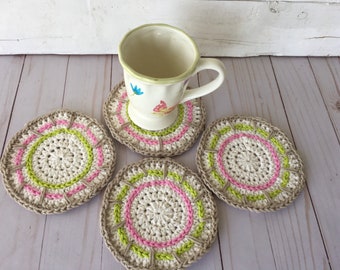 Boho theme Cup Coasters, Set of 4, Coffee Cup Coaster, Crocheted Coasters, Coffee coaster, Drink coaster, Dining, Gifts, Kitchen, Home