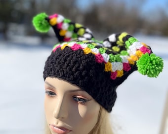 Crochet Jester Granny square hat, Toque/ Beanie hat, Hexagon style crochet harlequin hat