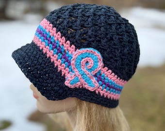 Thyroid Cancer Awareness Hat, Cancer hat Survivor hats, Pink Ribbon Cancer Hat, Crochet Cancer hat, summer hat