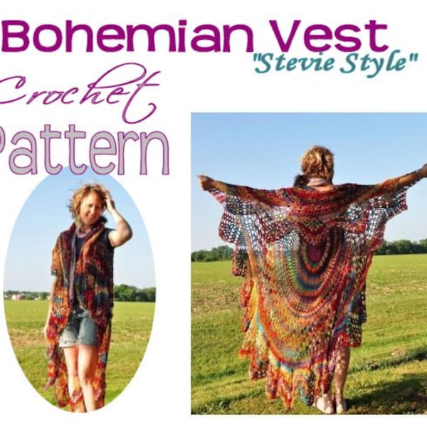 Bohemian Vest Crochet PATTERN-- Sleeveless Boho Style Shawl Cape Vest