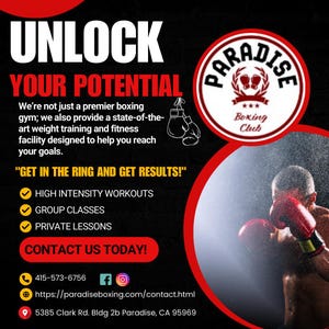 May include: Promotional graphic for Paradise Boxing Club. The design features the text "UNLOCK YOUR POTENTIAL" in large white letters over a red background. The image includes the club's logo, contact information, and a boxer in action.