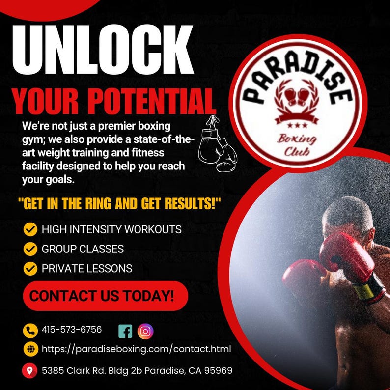 May include: Promotional graphic for Paradise Boxing Club. The design features the text "UNLOCK YOUR POTENTIAL" in large white letters over a red background. The image includes the club's logo, contact information, and a boxer in action.