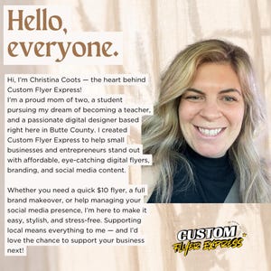 May include: A promotional image featuring a smiling woman with blonde hair, text that reads "Hello, everyone," and information about Custom Flyer Express. The text describes the business as a digital design service for small businesses and entrepreneurs.