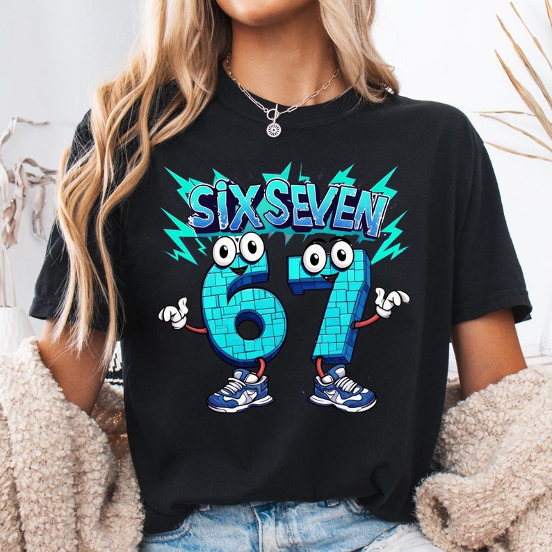 May include: Black t-shirt with the words "SIX SEVEN" above the numbers 67. The numbers are animated with eyes, arms, and legs, wearing blue trainers. The design has a turquoise and blue lightning bolt background.